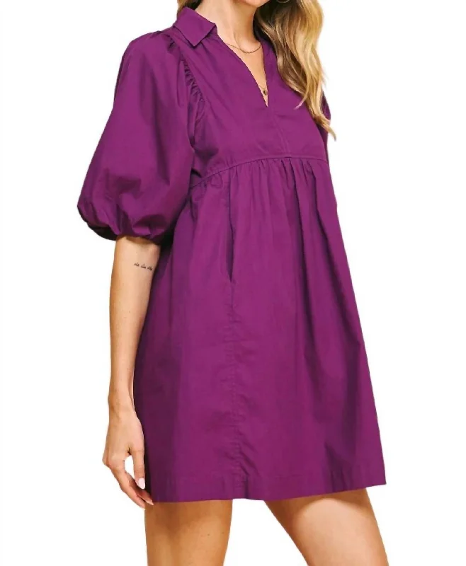 Blowout Sale Easy Essential Collared Mini Dress In Eggplant Purple