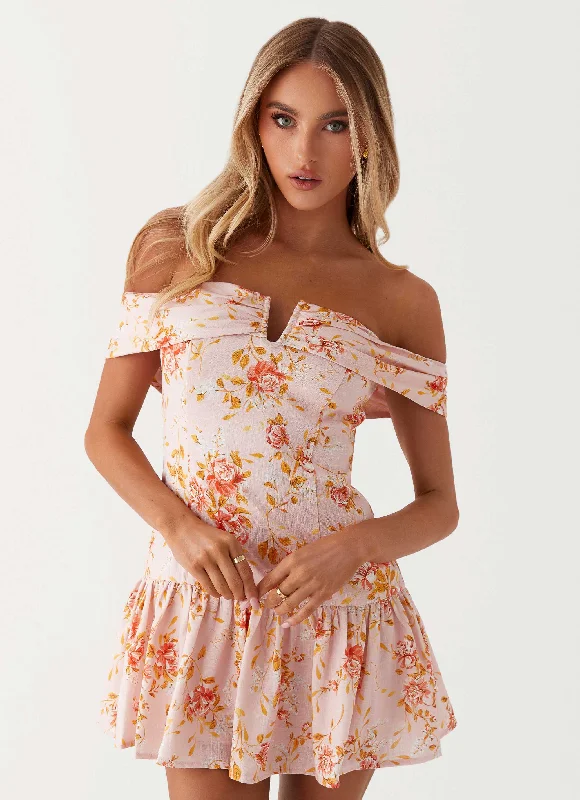 Fantastic Offers Aries Off Shoulder Linen Mini Dress - Pink Floral