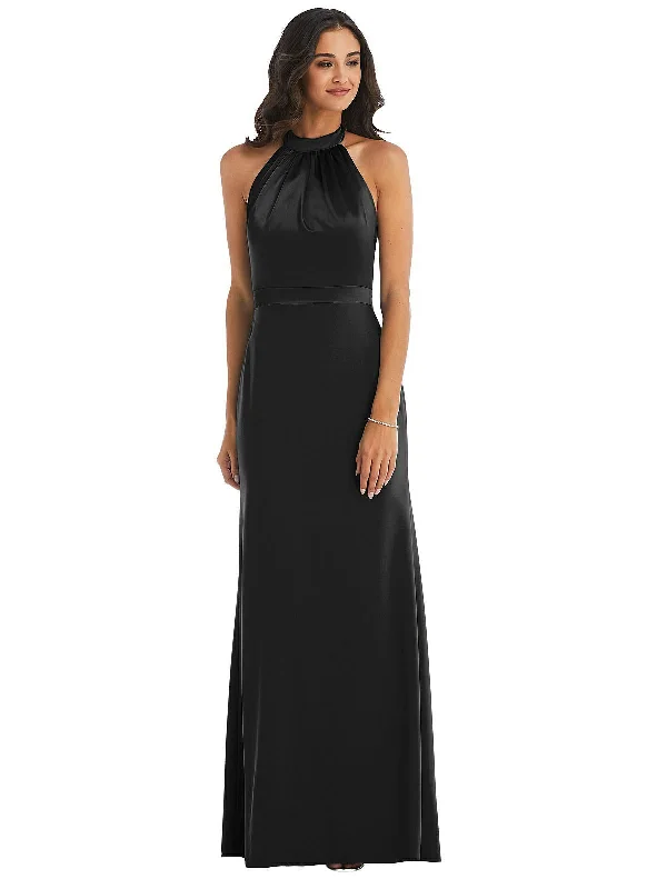 Warehouse Sale High-Neck Open-Back Maxi Dress with Scarf Tie