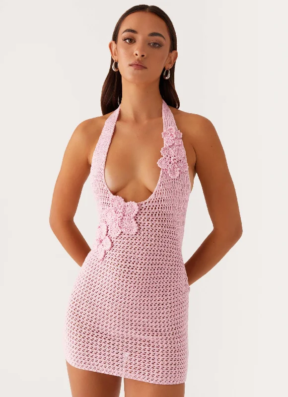 Can't Be Beat Luciana Crochet Halterneck Mini Dress - Pink