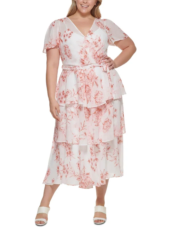 New Arrival Plus Womens Floral Print Tiered Maxi Dress