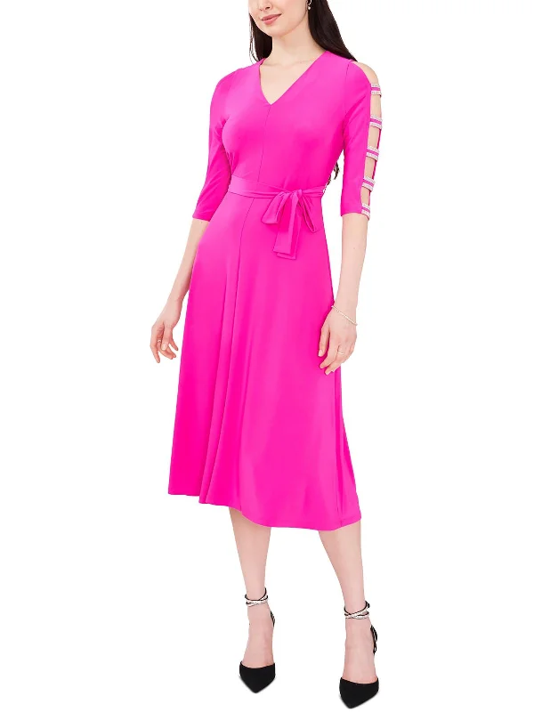 Don't Miss Petites Womens Stretch Midi Fit & Flare Dress