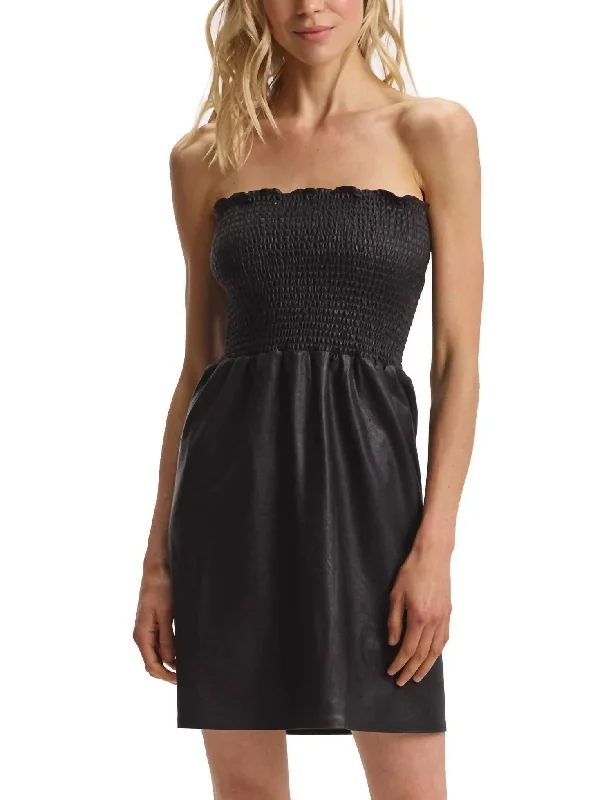 Can't Miss Faux Leather Smocked Dress In Black