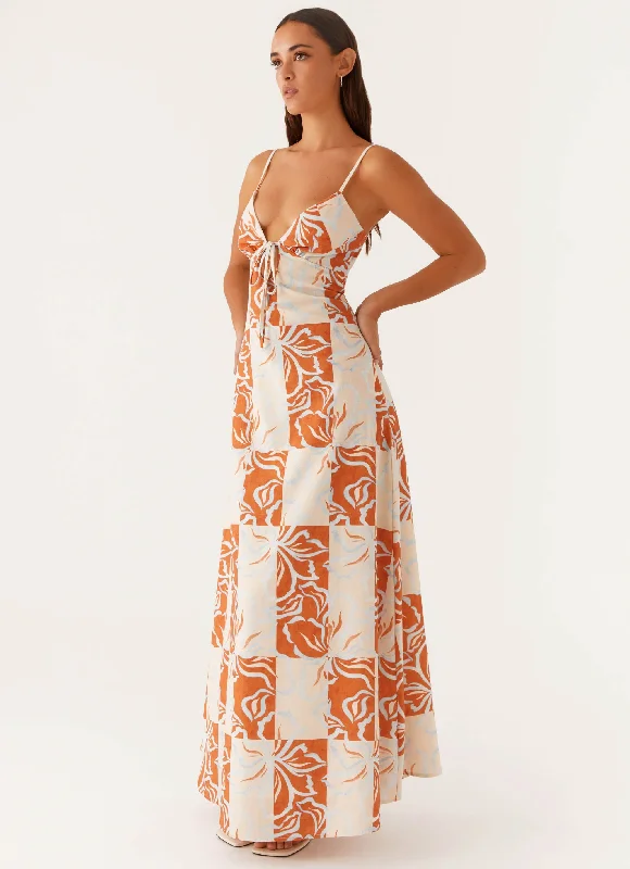 Super Sale Flora Linen Maxi Dress - Orange Blue Floral