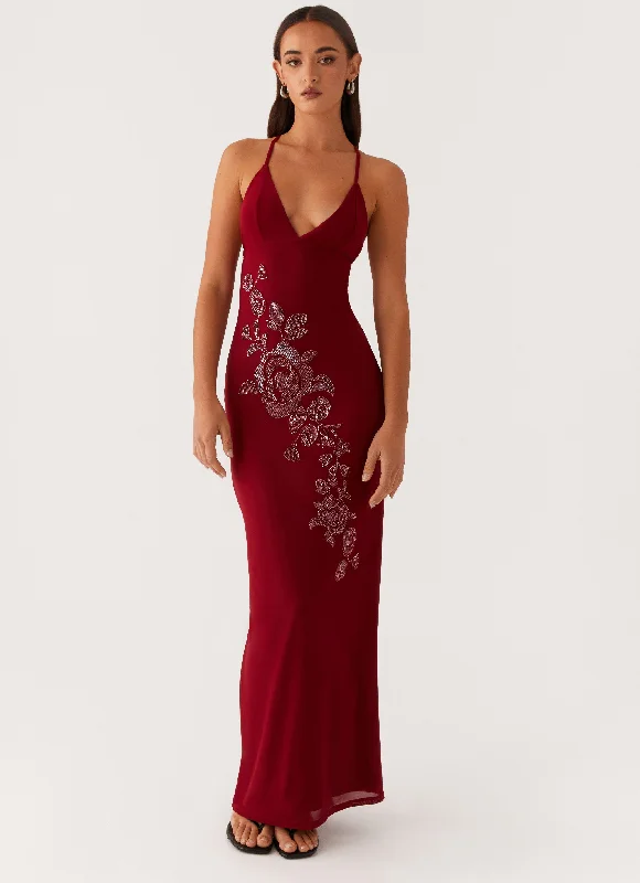 Savings Event Beki Beaded Mesh Maxi Dress - Deep Red