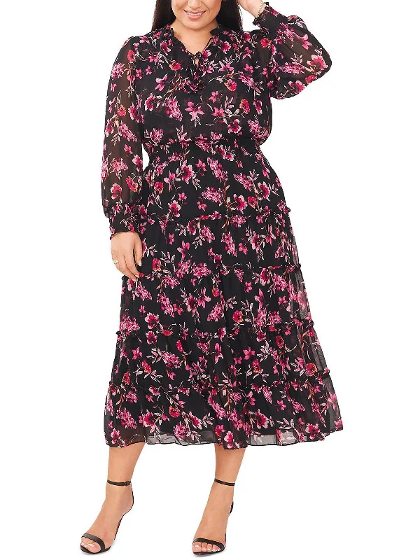 Final Sale Plus Womens Floral Tiered Midi Dress