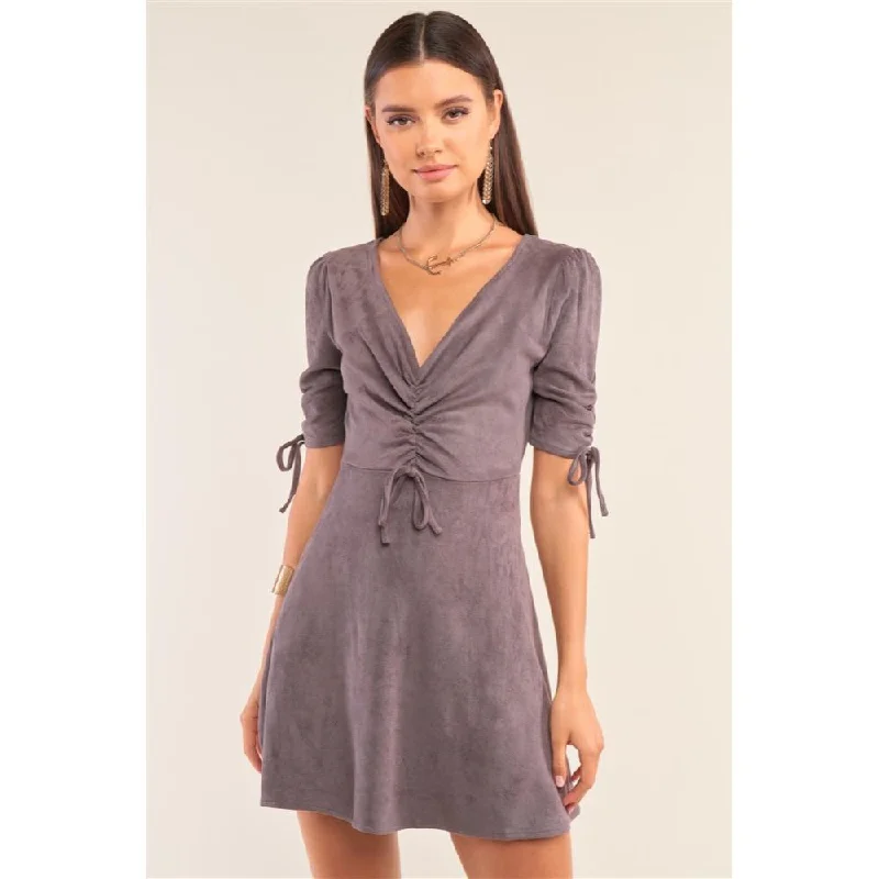 Buy Now Charcoal Grey Suede Deep Plunge V-neck Gathered Detail Tight Fit Mini Dress