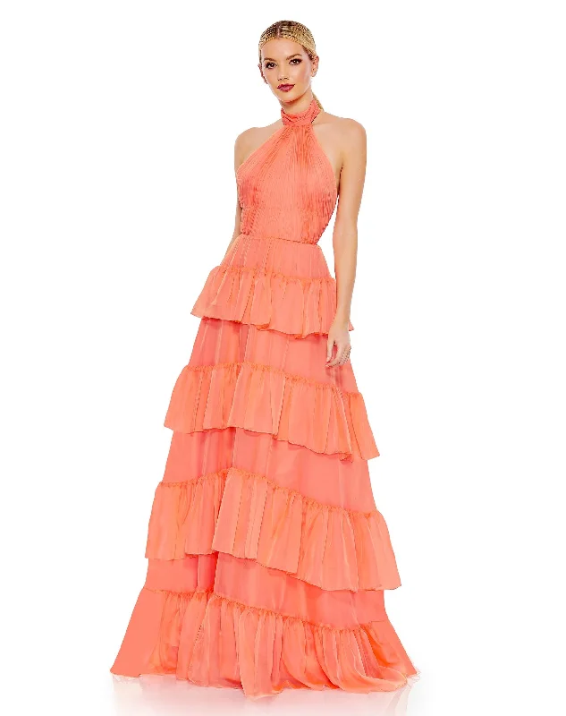 Price Reduction Ruffle Tiered Pleated Halter Neck A Line Gown