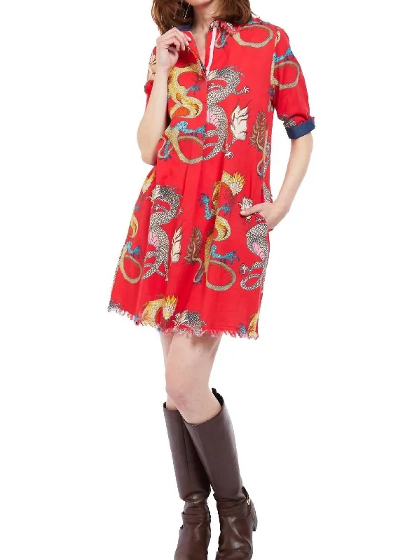 Mega Deal Chatham Dress In Red Ground Dragon Print