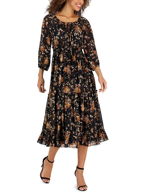 Bargain Blast Petites Womens Printed Smocked Midi Dress
