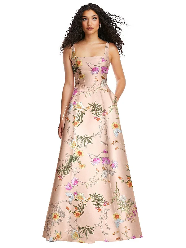 Blowout Sale Boned Corset Closed-Back Floral Satin Gown with Full Skirt
