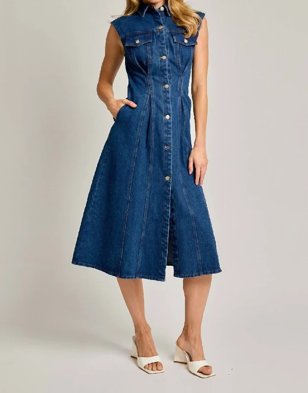 Weekend Deal Ky Denim Sleeveless Midi Dress In Medium Wash