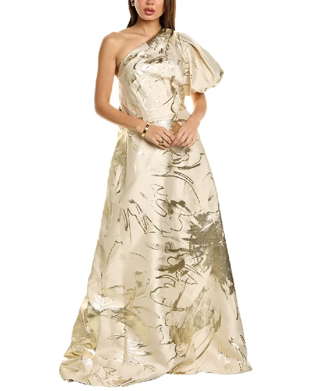 The Best Prices Teri Jon by Rickie Freeman One-Shoulder Puff Sleeve Gown