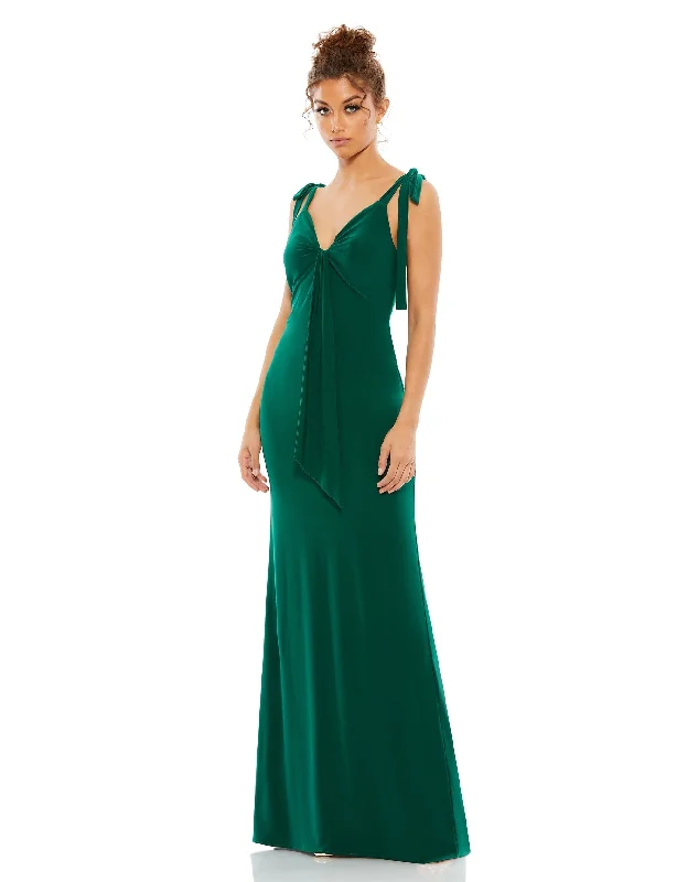 Online Only Jersey Low Back Bow Shoulder Gown