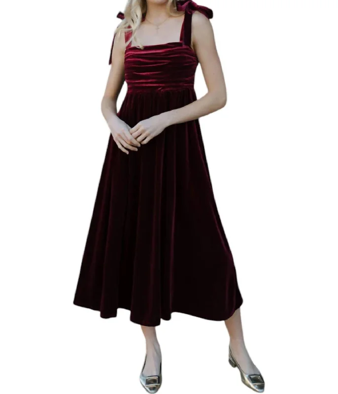 Extra Discounts Velvet Tie Strap Midi Dress In Burgundy