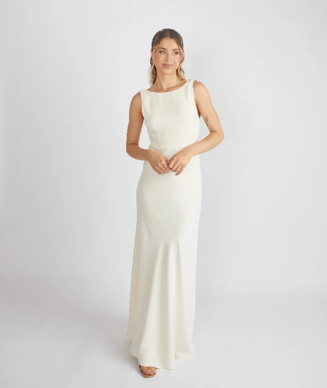 Discount Extravaganza Cowl Back Crepe Bridesmaid Dress - Almond
