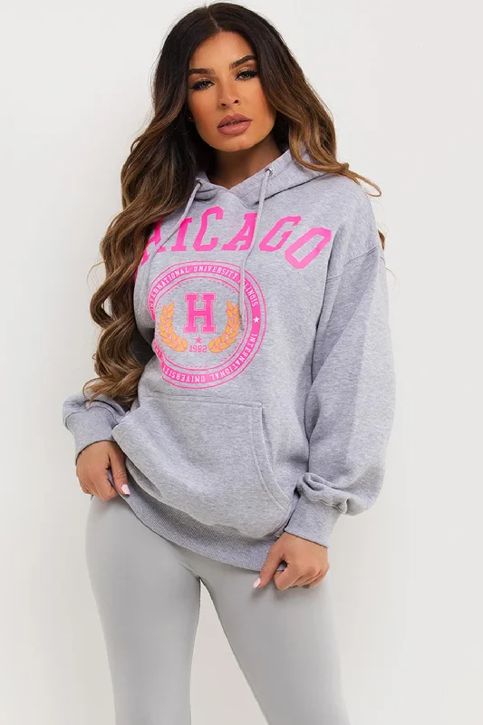 Special Price Grey Oversized Hoodie With Chicago Print