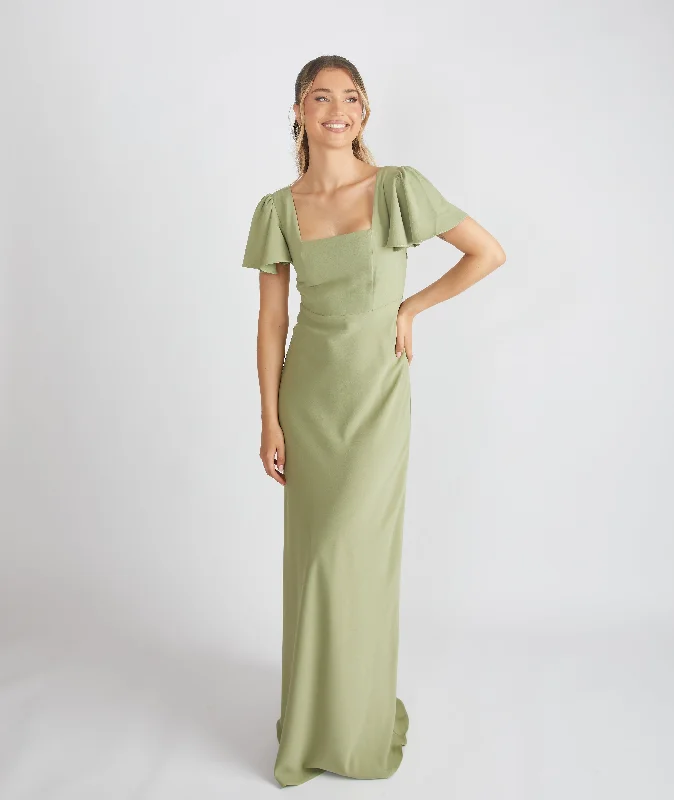 Crazy Deals Square Neck Flutter Sleeve Crepe Bridesmaid Dress - Sage