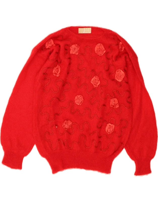 Price Drop VINTAGE Womens Boat Neck Jumper Sweater UK 14 Medium Red Floral Mohair