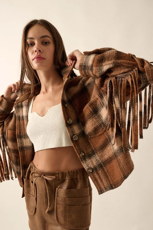Special Savings Up the Country Plaid Fringe Shacket