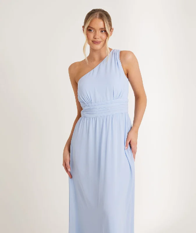 Buy More, Save More One Shoulder Pleated Waist Chiffon Bridesmaid Dress - Cornflower Blue