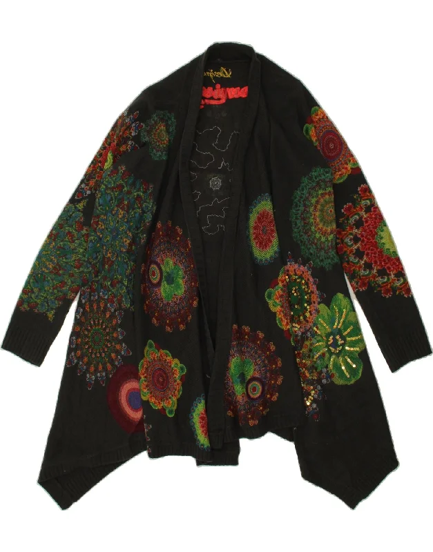 Discount Mania DESIGUAL Womens Graphic Longline Cardigan Sweater UK 14 Large Black Floral