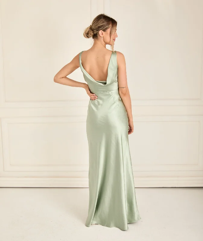 Time-Limited Offer Cowl Back Satin Bridesmaid Dress - Sage