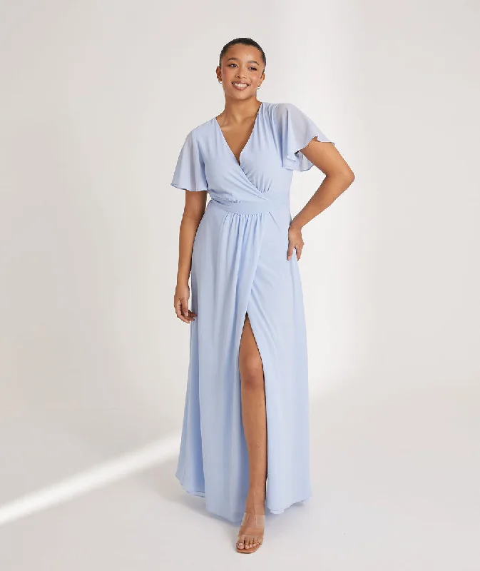 Markdowns Flutter Sleeve Wrap Tie Chiffon Bridesmaid Dress - Cornflower Blue