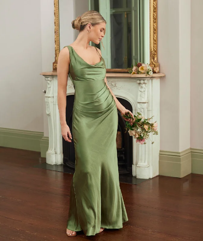 Special Discount Cowl Front Asymmetrical Satin Bridesmaid Dress - Moss Green