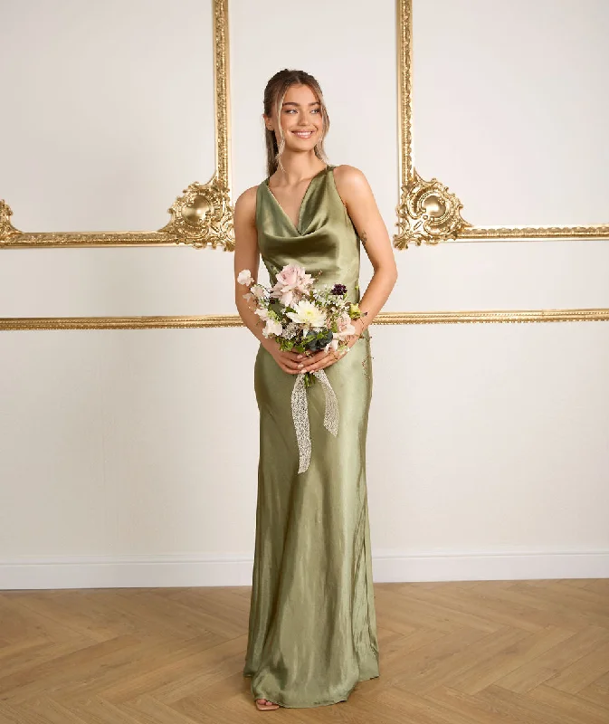 Major Savings Cowl Front Satin Bridesmaid Dress - Moss Green