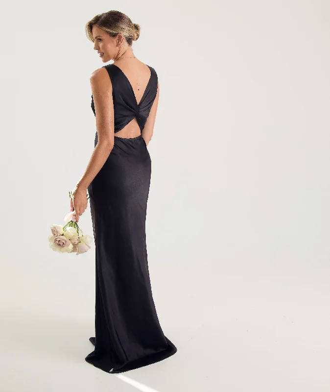 Bonus Savings Twist Back Satin Bridesmaid Dress - Black