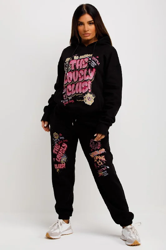Buy More, Save More Tracksuit Hoodie Joggers Set With Graphic Print Black
