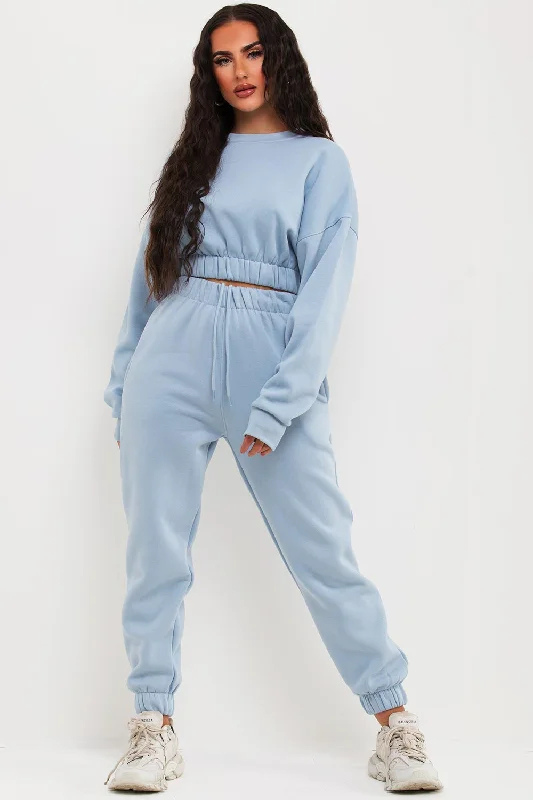 Deep Discounts Crop Sweatshirt And Joggers Tracksuit Sky Blue