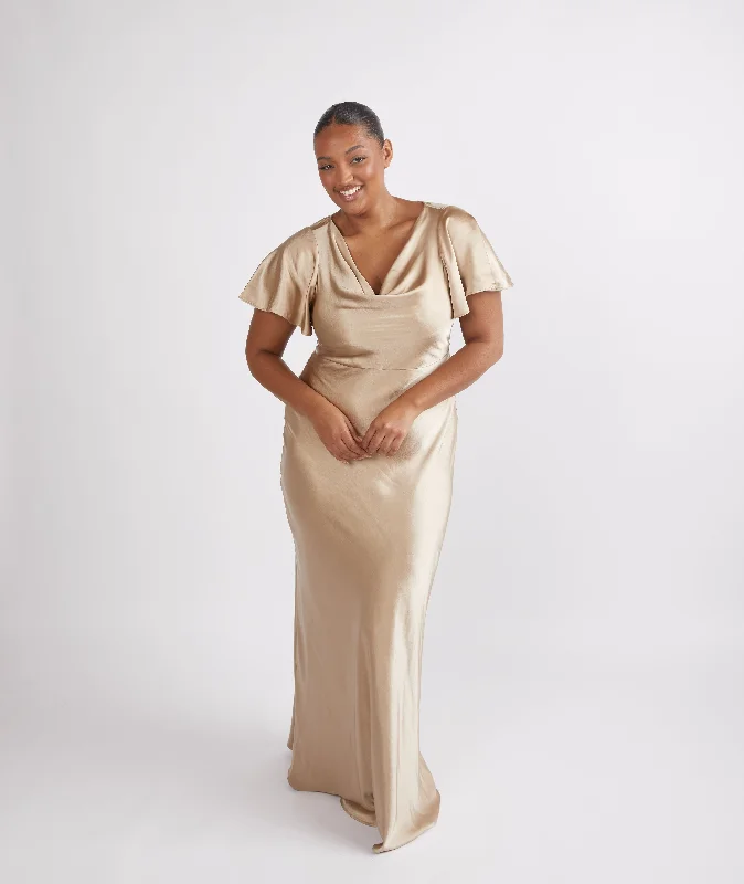 Don’t Miss Out Cowl Front Satin Short Sleeve Bridesmaid Dress - Champagne