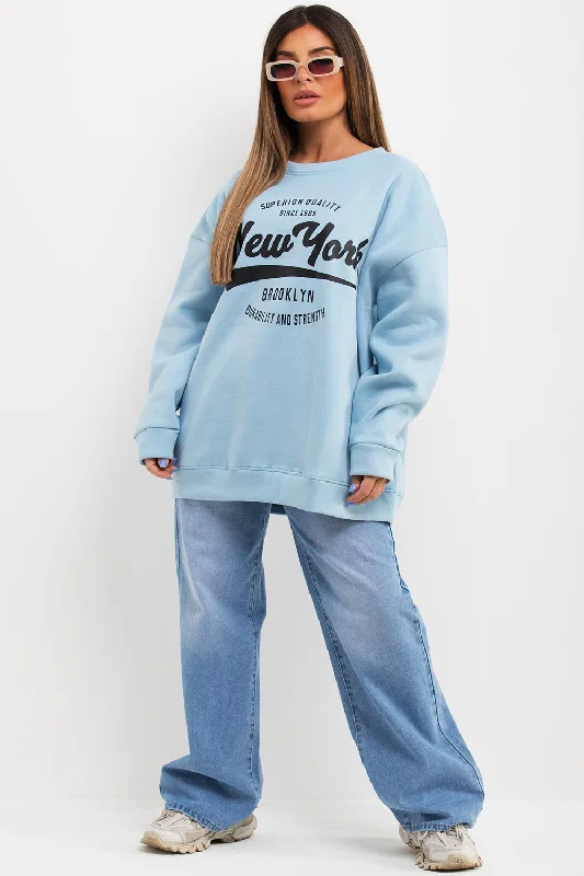 Discount Days Sweatshirt With New York Slogan Oversized Fit Sky Blue