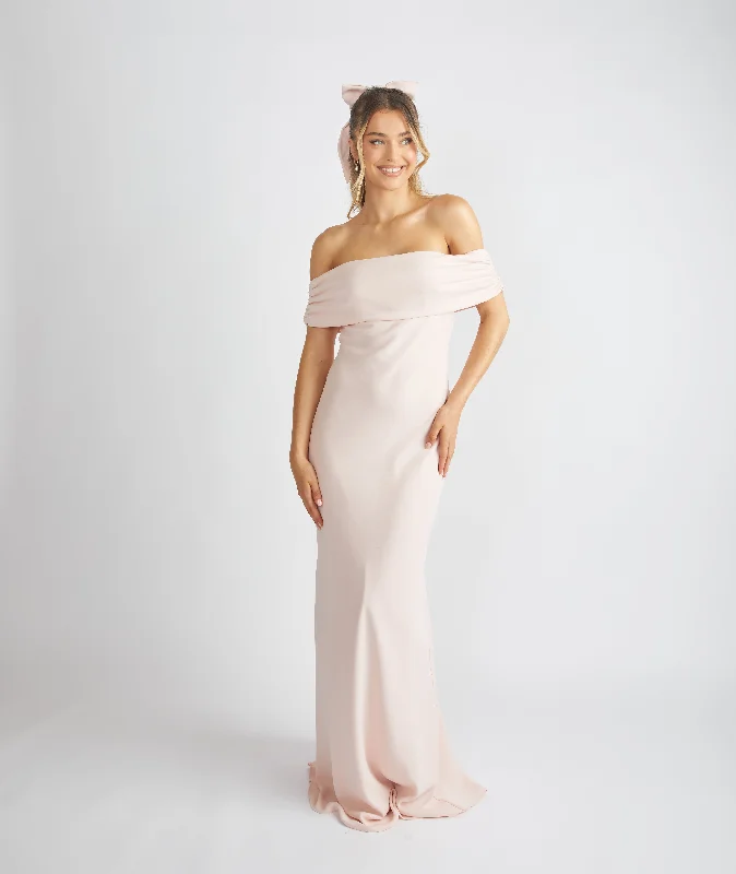 Can't Be Beat Bardot Gathered Crepe Bridesmaid Dress - Blush