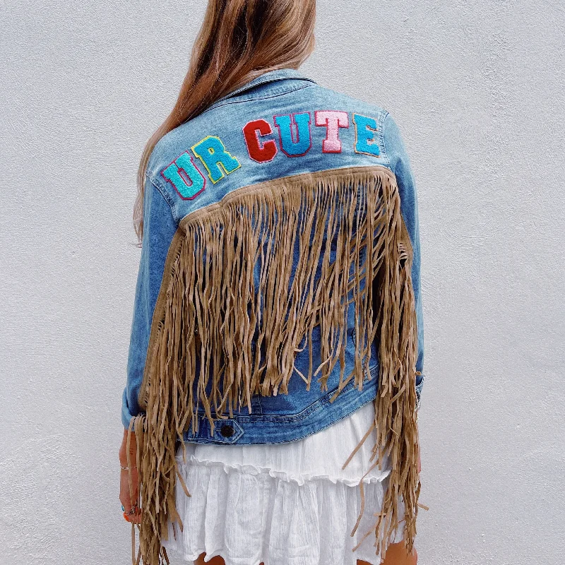 Incredible Offers UR CUTE Denim Brown Leather Fringe Jacket