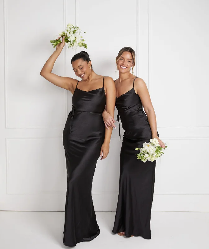 Final Clearance Cami Cowl Front Satin Bridesmaid Dress - Black