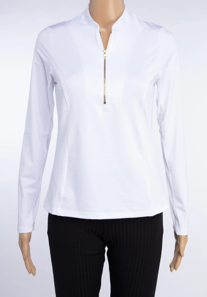 Closeout New Amy Sport Katelyn 2.0 Long Sleeved Top Gold Zip - White MSP $140