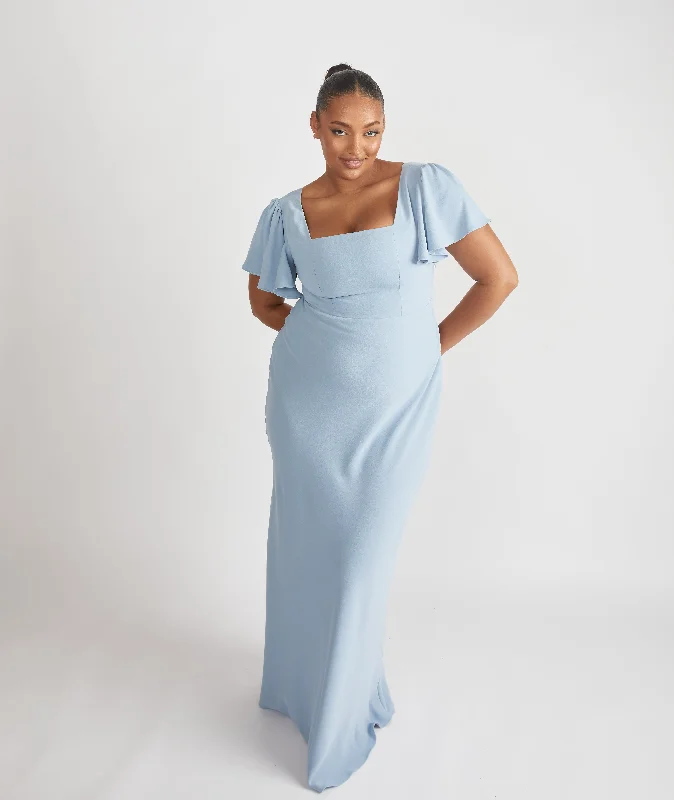 Low Prices Square Neck Flutter Sleeve Crepe Bridesmaid Dress - Pale Blue