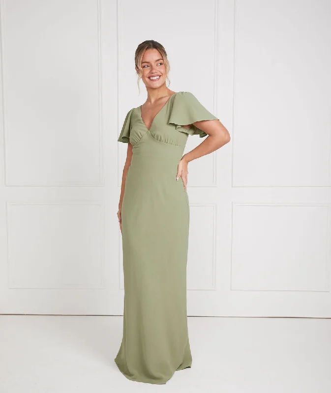 Final Markdown Flutter Sleeve V Neck Plunge Crepe Bridesmaid Dress - Sage