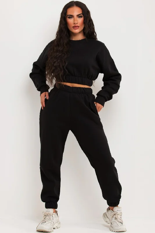 Midnight Madness Crop Sweatshirt And Joggers Tracksuit Black