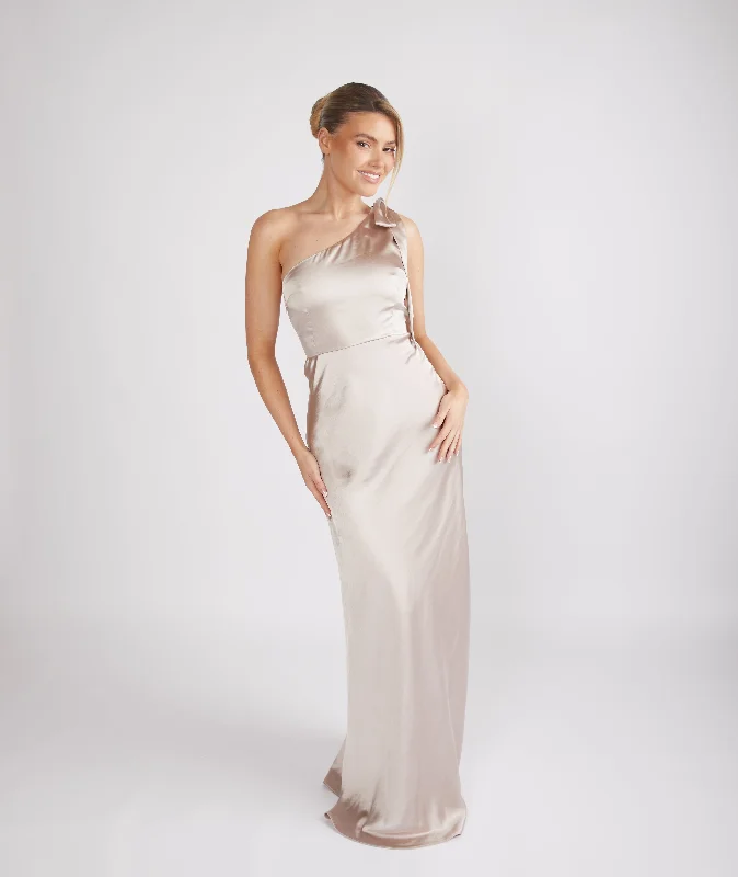 Closeout Bow One Shoulder Satin Bridesmaid Dress - Oyster
