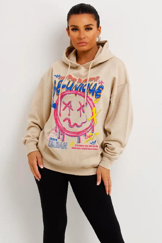 Bargain Blast Beige Oversized Hoodie With Teddy Bear Be Unique Graphics