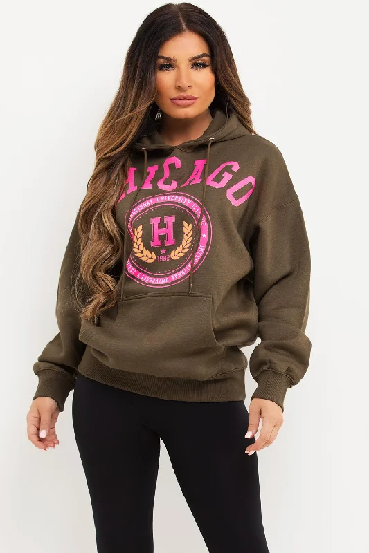 Sale Event Khaki Oversized Hoodie With Chicago Print