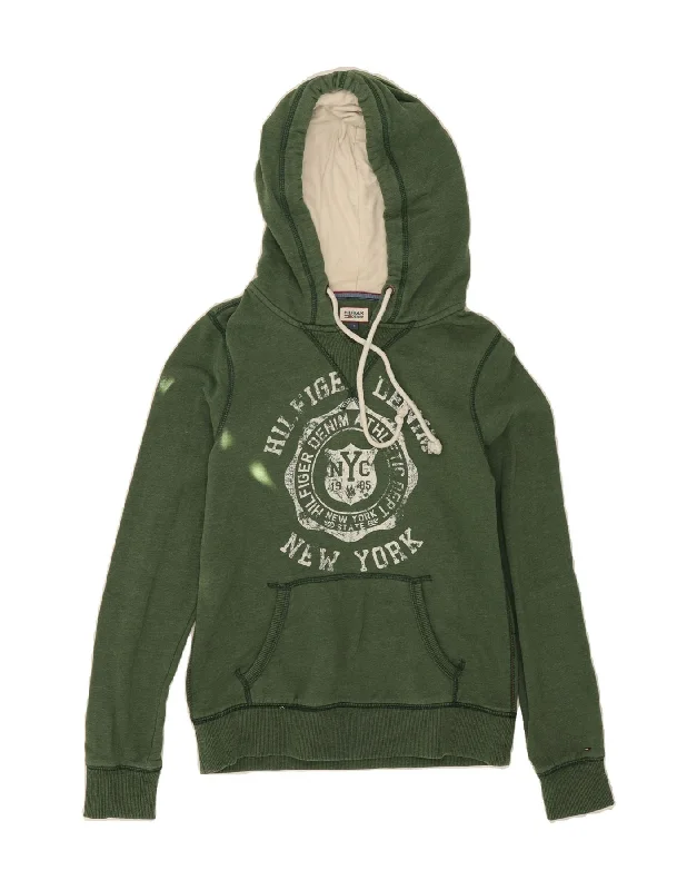 Sale Event TOMMY HILFIGER Womens Graphic Hoodie Jumper UK 10 Small Green Cotton