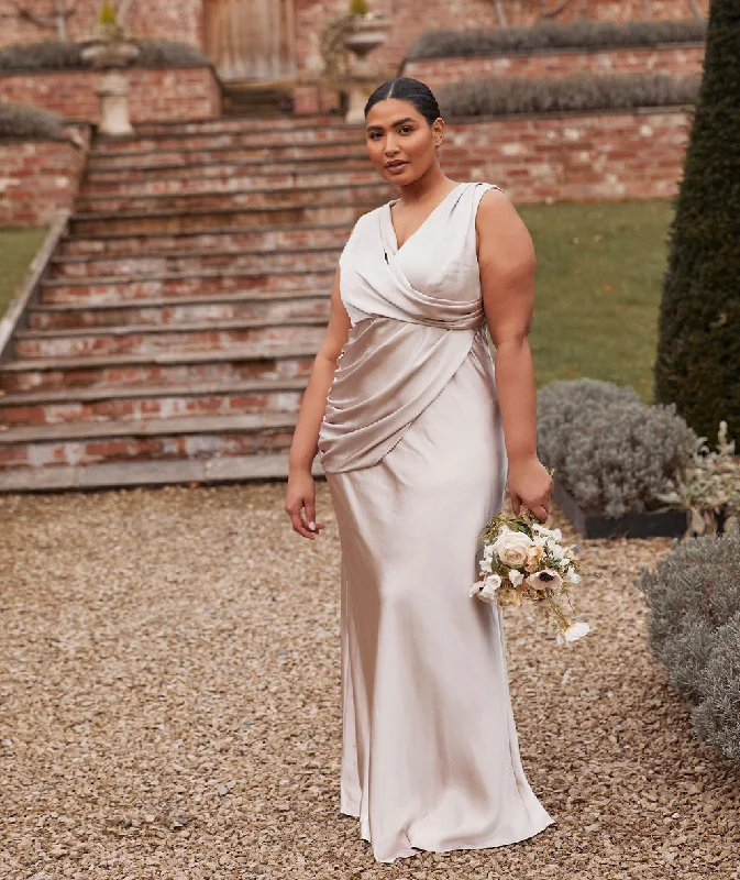 New Arrival Plunge Drape Detail Satin Bridesmaid Dress - Oyster