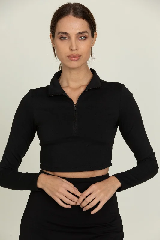 Seasonal Sale Black Athletic Half-Zip Crop Top