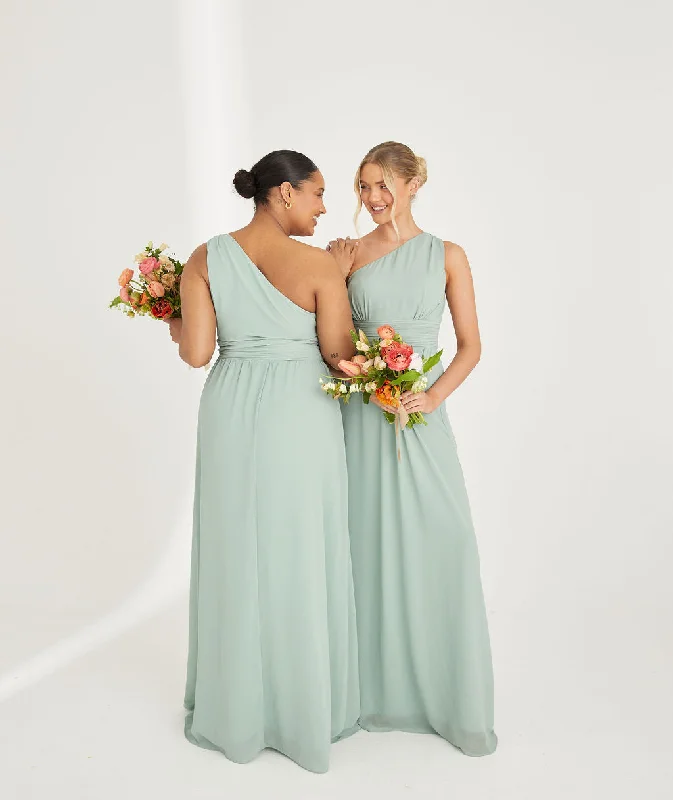 Act Now One Shoulder Pleated Waist Chiffon Bridesmaid Dress - Sage