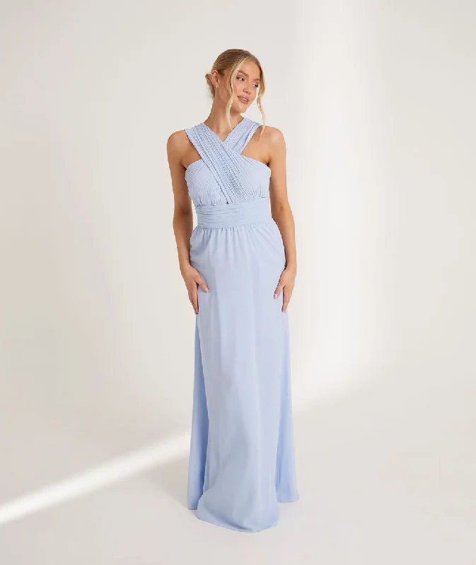 Shop and Save Cross Neck Pleated Waist Chiffon Bridesmaid Dress - Cornflower Blue